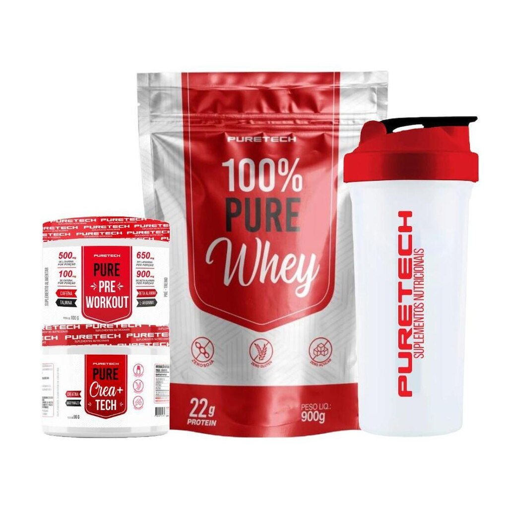 Kit 100% Pure Whey 900g + Creatina Crea+Tech 96g + Pré Treino Uva 100g + Coqueteleira PURETECH
