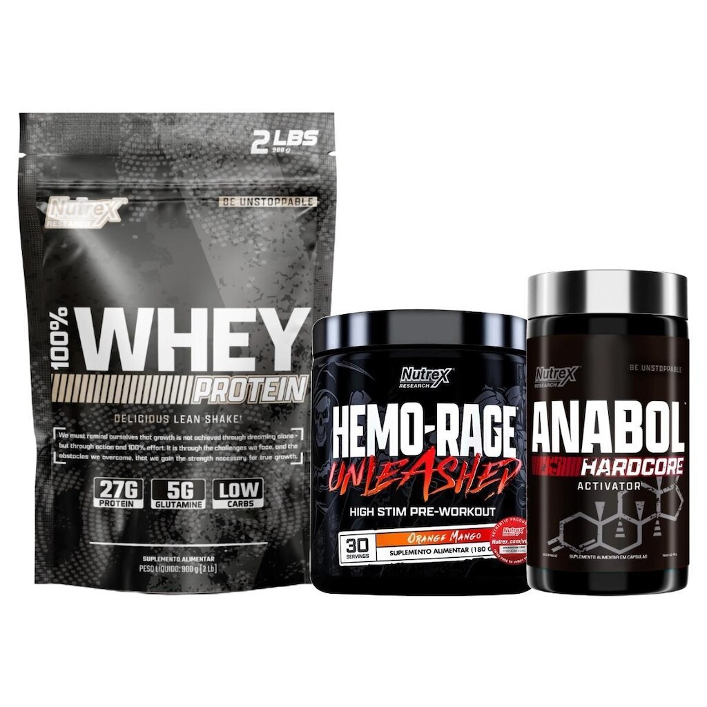 Kit 100% Whey 900g + Hemo-Rage 180g + Anabol 60 Caps Nutrex