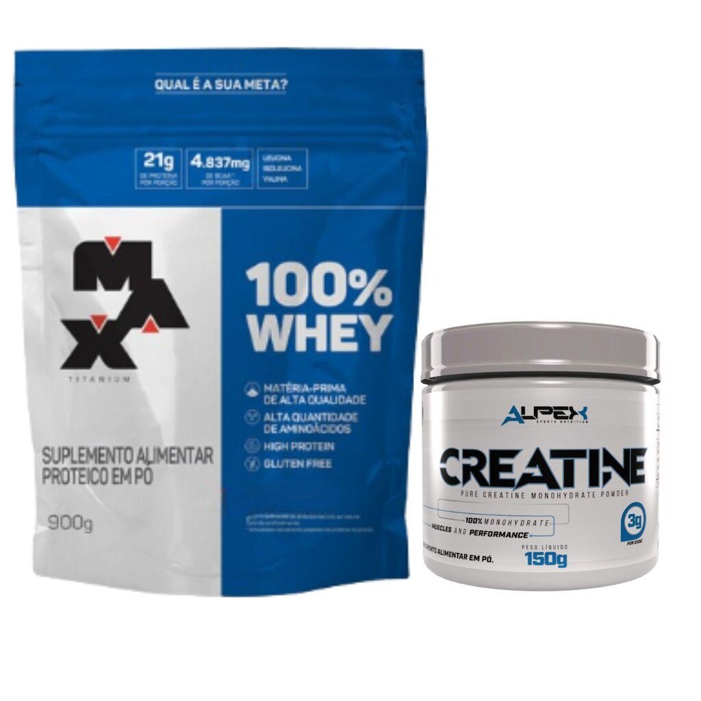 Kit 100% Whey 900g refil Max Titanium + Creatina 150g Alpex