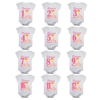 Kit 12 Body Bebê Calupa Mesversario Manga Curta Ursinha Princesa 1 A 12 Meses Feminino