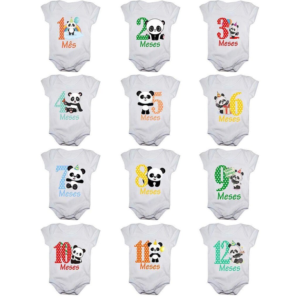 Kit 12 Body De Bebê Mesversario Manga Curta Panda 1 A 12 Meses