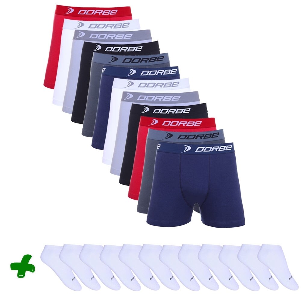 Kit 12 Cuecas Boxer Dorbe + 12 Pares de Meia Soquete