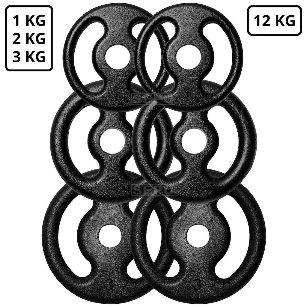 Kit 12Kg em Anilhas de Ferro Fundido Pares de 1Kg 2Kg e 3Kg