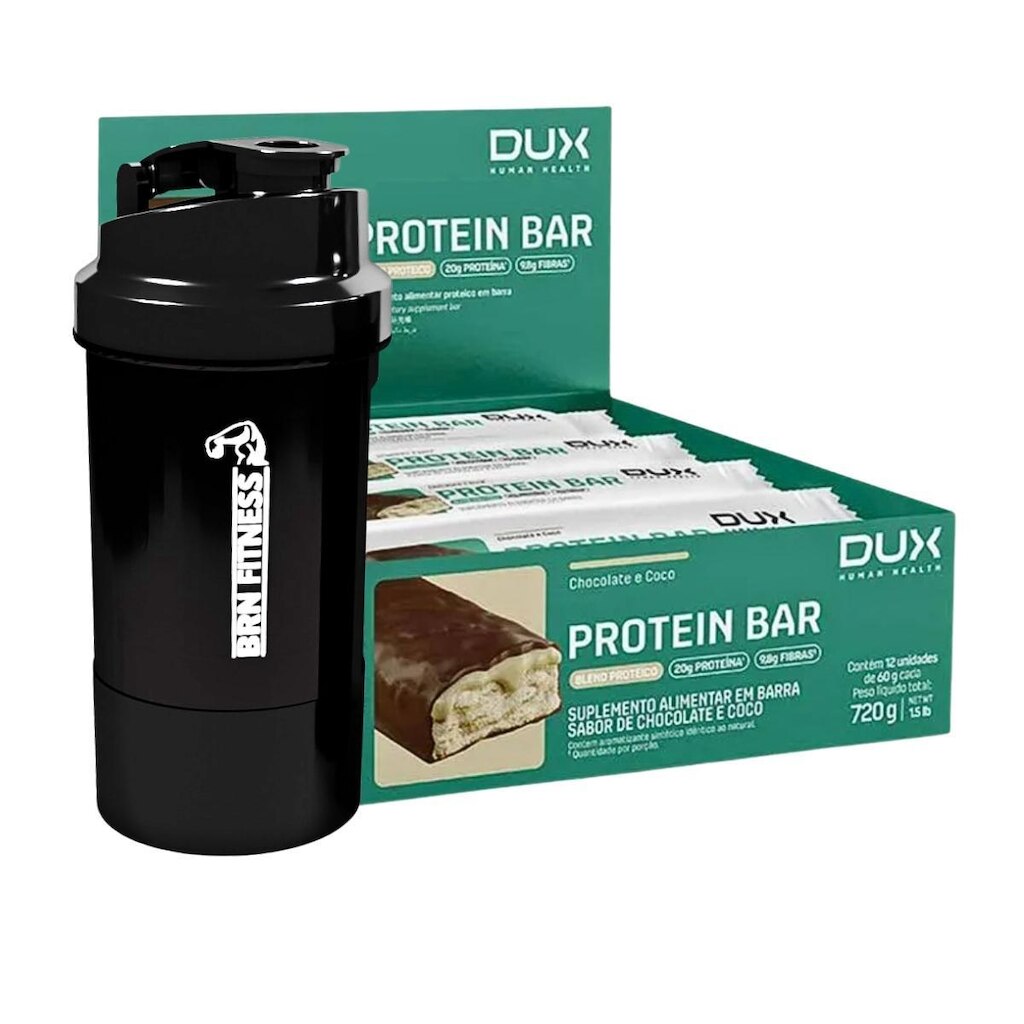 Kit 12x Protein Bar Dux 60g + Garrafa Shaker 500ml Treino