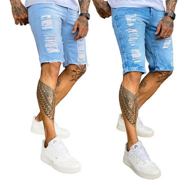 Menor preço em Kit 2 Bermuda Jeans Rasgada Destroyed Masculina - Azul Claro+Azul