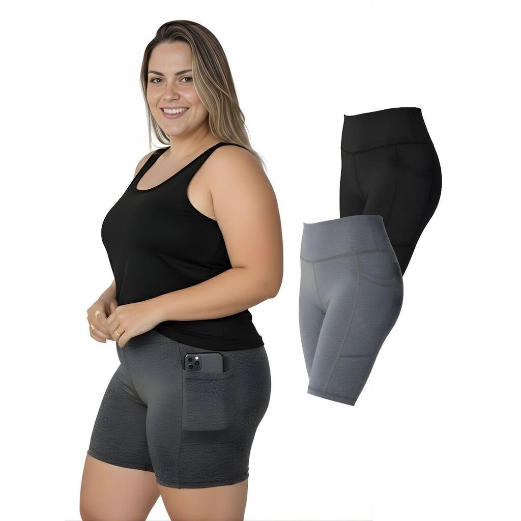 Kit 2 Bermudas Fitness Bolsos Laterais Plus Size