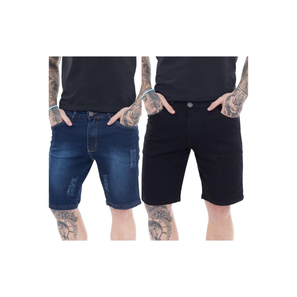 KIT 2 Bermudas Jeans Masculina Premium Blue Dark e Black Menor preço em KIT 2 Bermudas Jeans Masculina Premium Blue Dark e Black