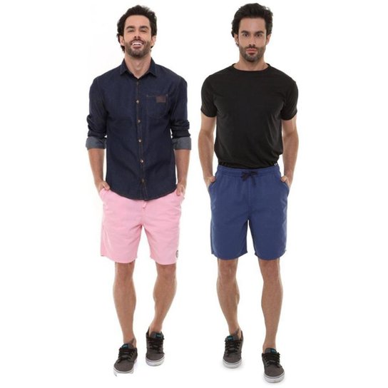 Kit 2 Bermudas Jeans Masculina Short Sarja Cordão Azul/Rosa - Rosa Menor preço em Kit 2 Bermudas Jeans Masculina Short Sarja Cordão Azul/Rosa - Rosa