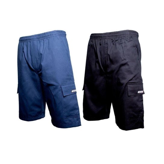 Kit 2 Bermudas Short Brim Cargo Sarja Elástico Cordão 5 Bolsos Masculino Uniforme - Azul+Preto Menor preço em Kit 2 Bermudas Short Brim Cargo Sarja Elástico Cordão 5 Bolsos Masculino Uniforme - Azul+Preto