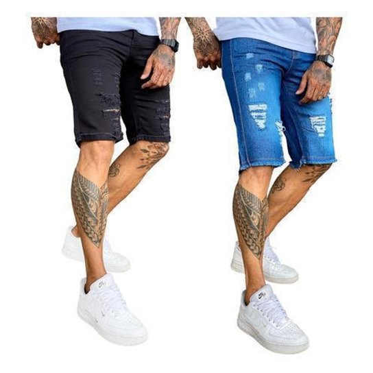 Kit 2 Bermudas Shorts Jeans Rasgada Desfiada Destoyed - Preto+Azul Menor preço em Kit 2 Bermudas Shorts Jeans Rasgada Desfiada Destoyed - Preto+Azul