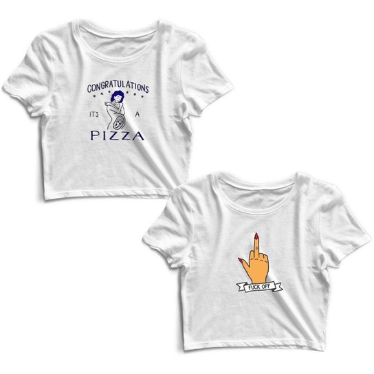 Kit 2 Blusas Cropped Tshirt Feminina Mulher Pizza Frases e Dedo Fuck Off - Branco Menor preço em Kit 2 Blusas Cropped Tshirt Feminina Mulher Pizza Frases e Dedo Fuck Off - Branco