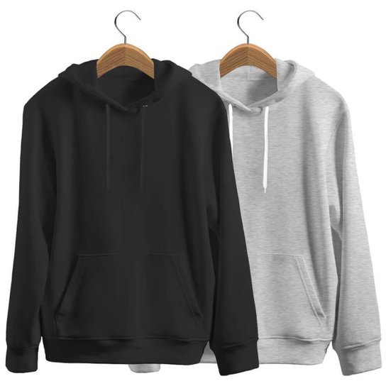 Kit 2 Blusas de Frio Moletom Black Beast Lisos com Bolso e Capuz - Cinza+Preto Menor preço em Kit 2 Blusas de Frio Moletom Black Beast Lisos com Bolso e Capuz - Cinza+Preto