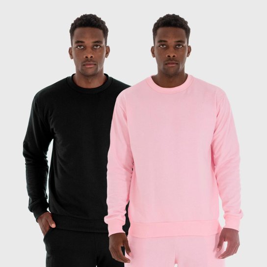 Kit 2 Blusas de Frio Moletom Gola Redonda Benellys - Preto+Rosa Menor preço em Kit 2 Blusas de Frio Moletom Gola Redonda Benellys - Preto+Rosa