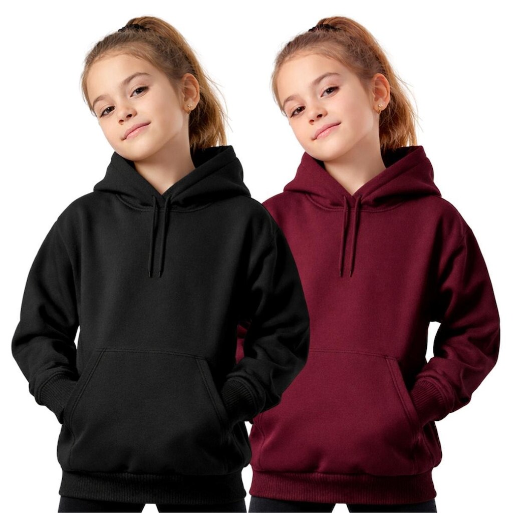 Kit 2 Blusas Moletom Infantil Canguru Feminino Com Capuz Bolso Frontal Casual Inverno