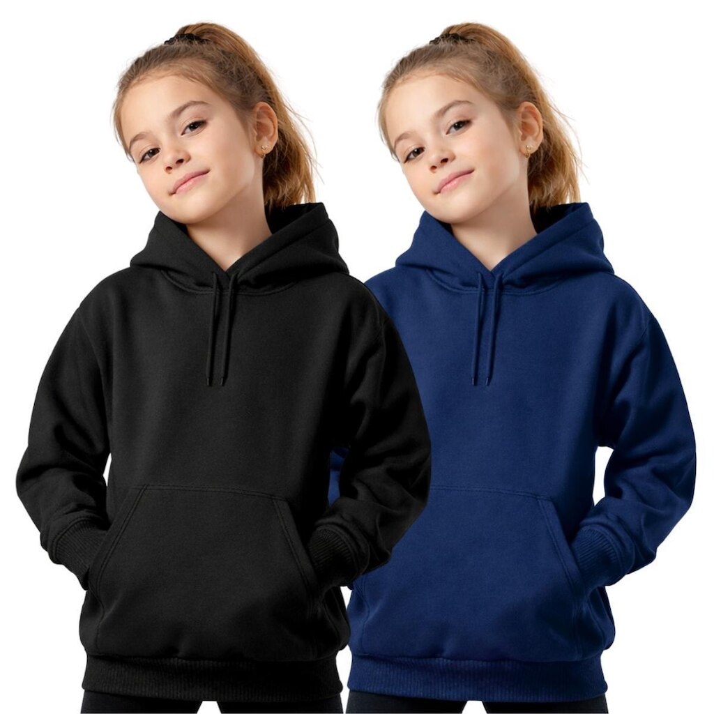 Kit 2 Blusas Moletom Infantil Canguru Feminino Com Capuz Bolso Frontal Casual Inverno