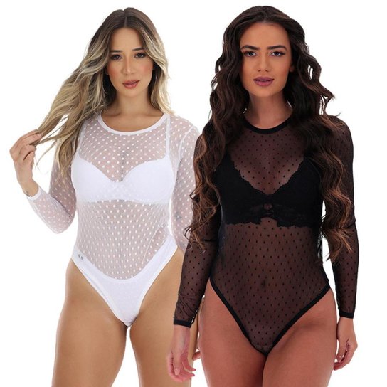 Kit 2 Body Tule Manga Longa Frimodas Poá Transparente - Preto Menor preço em Kit 2 Body Tule Manga Longa Frimodas Poá Transparente - Preto