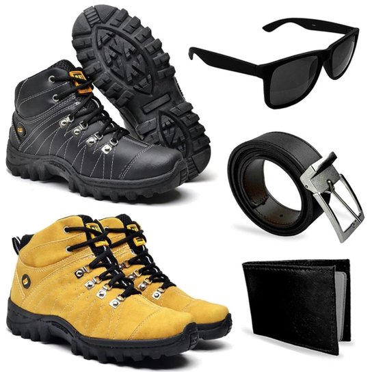 Kit 2 Bota Cat Coturno Adventure Masculino + Oculos + Carteira + Cinto - Amarelo+Preto é ruim? Kit 2 Bota Cat Coturno Adventure Masculino + Oculos + Carteira + Cinto - Amarelo+Preto é boa?