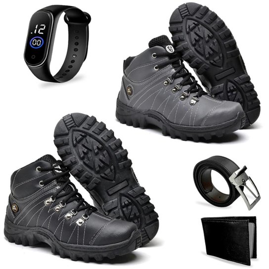 Kit 2 Bota Coturno Adventure Masculino Casual Cat skill+ Relogio + Cinto+ Carteira - Cinza+Preto Menor preço em Kit 2 Bota Coturno Adventure Masculino Casual Cat skill+ Relogio + Cinto+ Carteira - Cinza+Preto