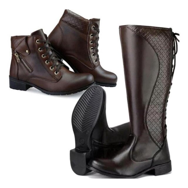 Menor preço em Kit 2 Botas Femininas Coturno Montaria Zíper Cadarço Moderna - Café