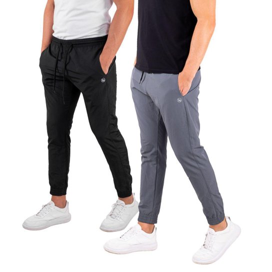 Kit 2 Calça Jogger Masculina Super Skinny Poliamida Premium - Preto+Cinza Menor preço em Kit 2 Calça Jogger Masculina Super Skinny Poliamida Premium - Preto+Cinza