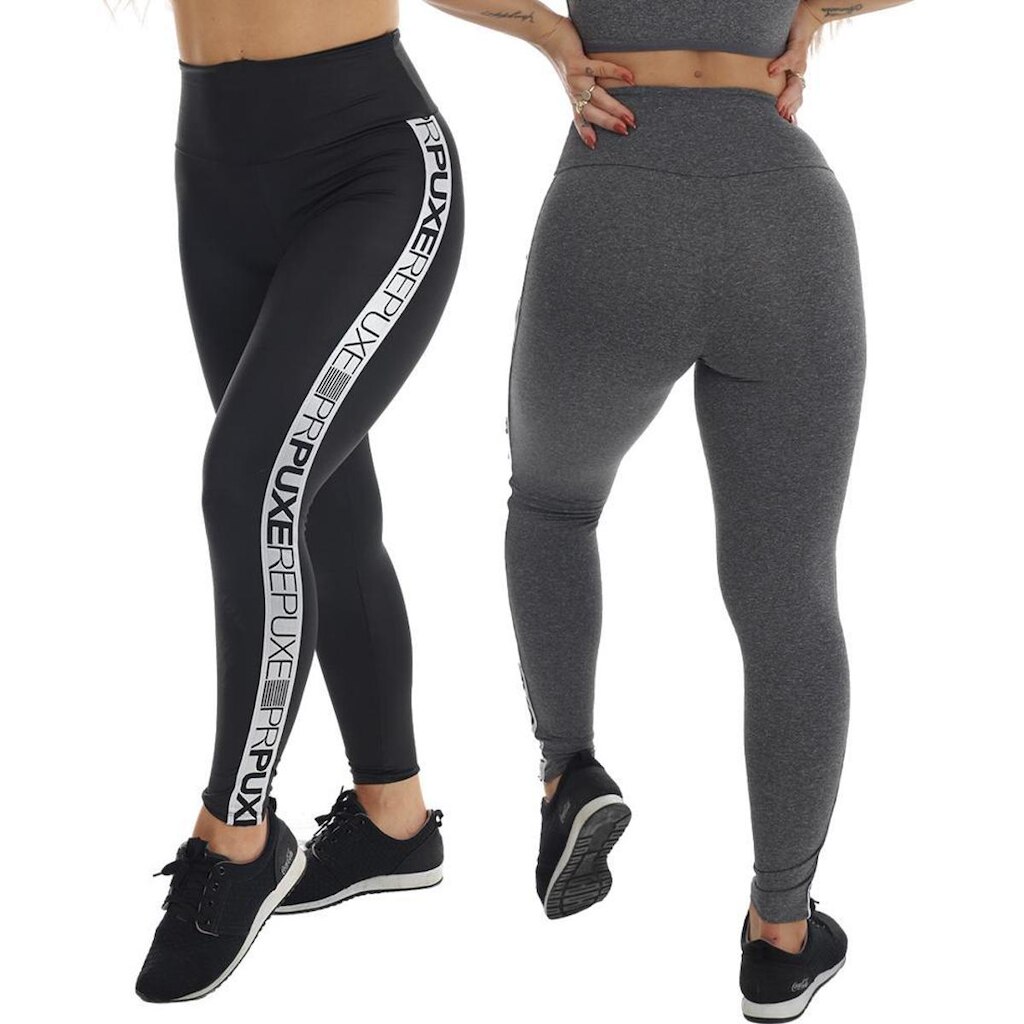 Kit 2 Calça Legging Cintura Alta Cós Duplo Lisa Elástico Lateral Feminina