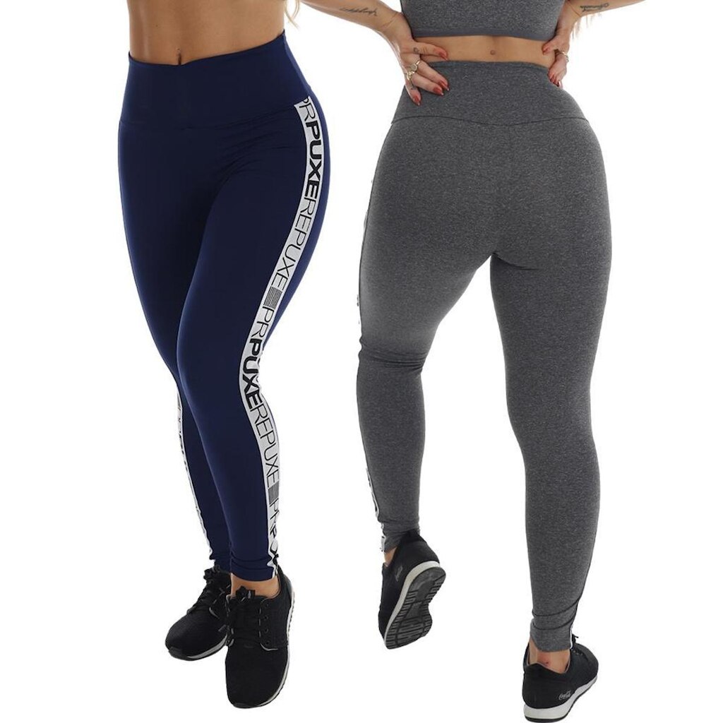 Kit 2 Calça Legging Cintura Alta Cós Duplo Lisa Elástico Lateral Feminina