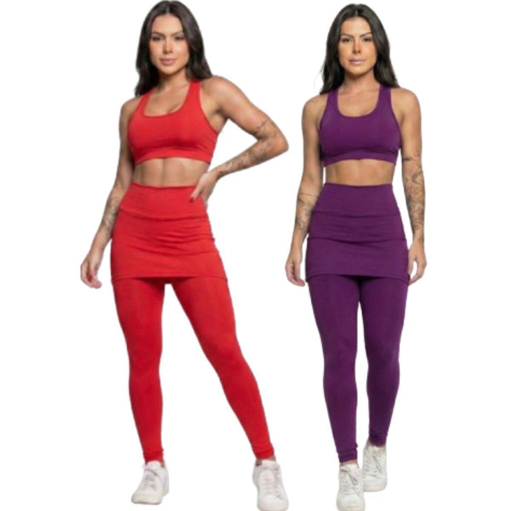 KIT 2 Calça Legging Com Saia Serra e Mar Modas Academia Tapa Bumbum Treino Suplex Moda Fitness