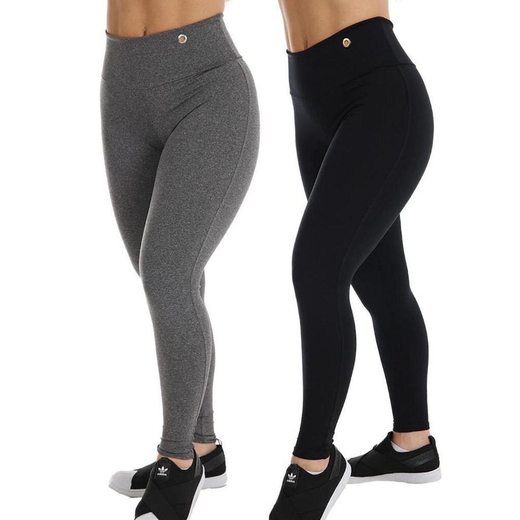 Kit 2 Calça Legging Suplex Cós Alto Duplo Lisa Ilhós Feminina