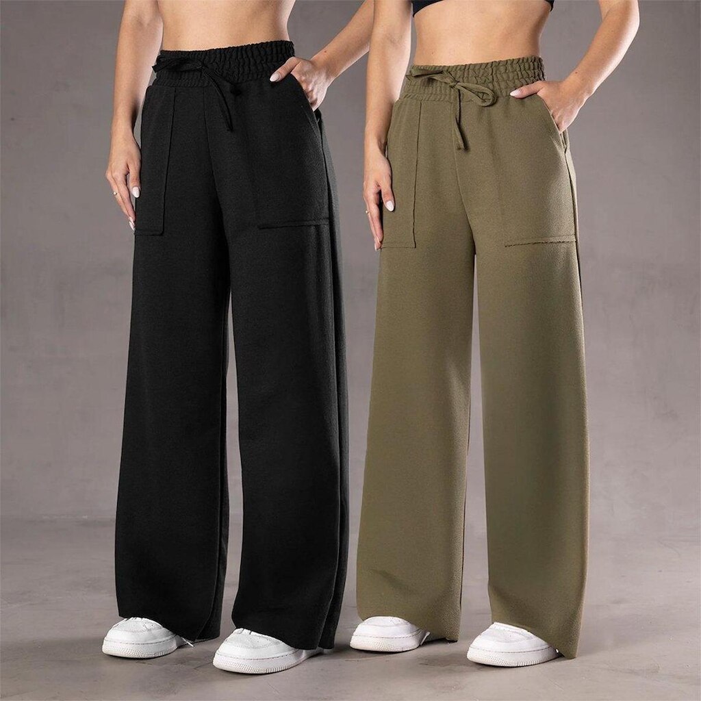 Kit 2 Calça Pantalona Moletinho Feminina Com Bolso Elegante Casual Confortável