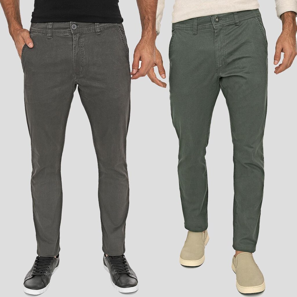 Kit 2 Calça Sarja Conforto Macaw Slim Fit Insert Cinza e Verde Musgo
