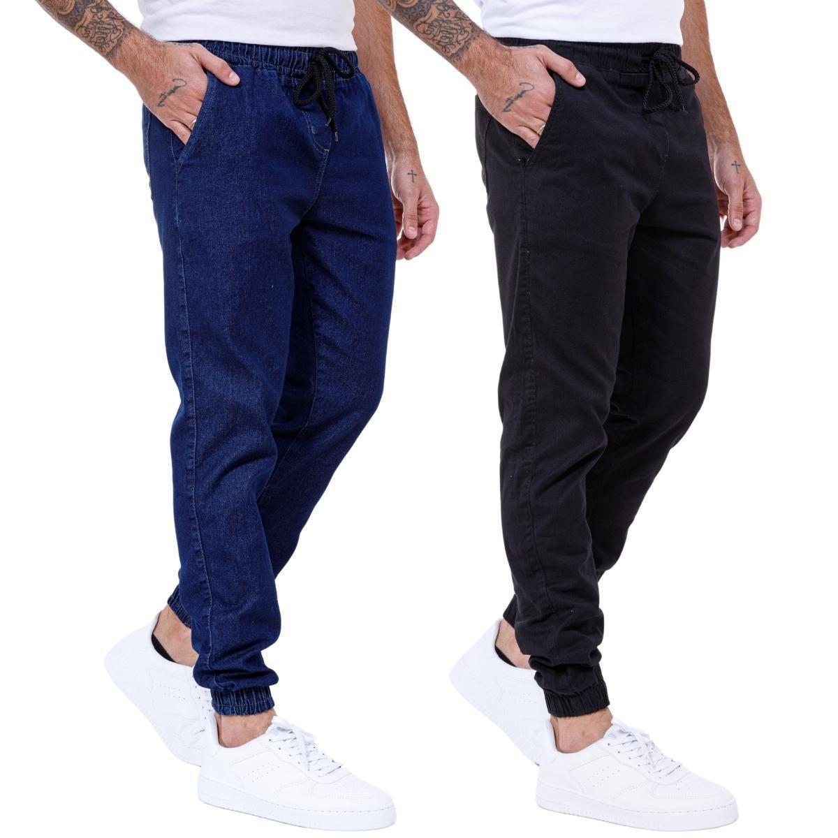 Kit 2 Calças Jogger Jeans Sarja Masculina Com Punho Menor preço em Kit 2 Calças Jogger Jeans Sarja Masculina Com Punho