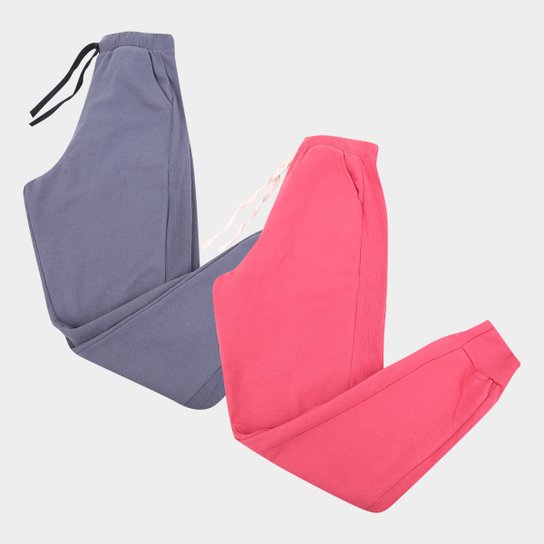 Kit 2 Calças Moletom Básicos Jogger Feminino - Rosa+Cinza