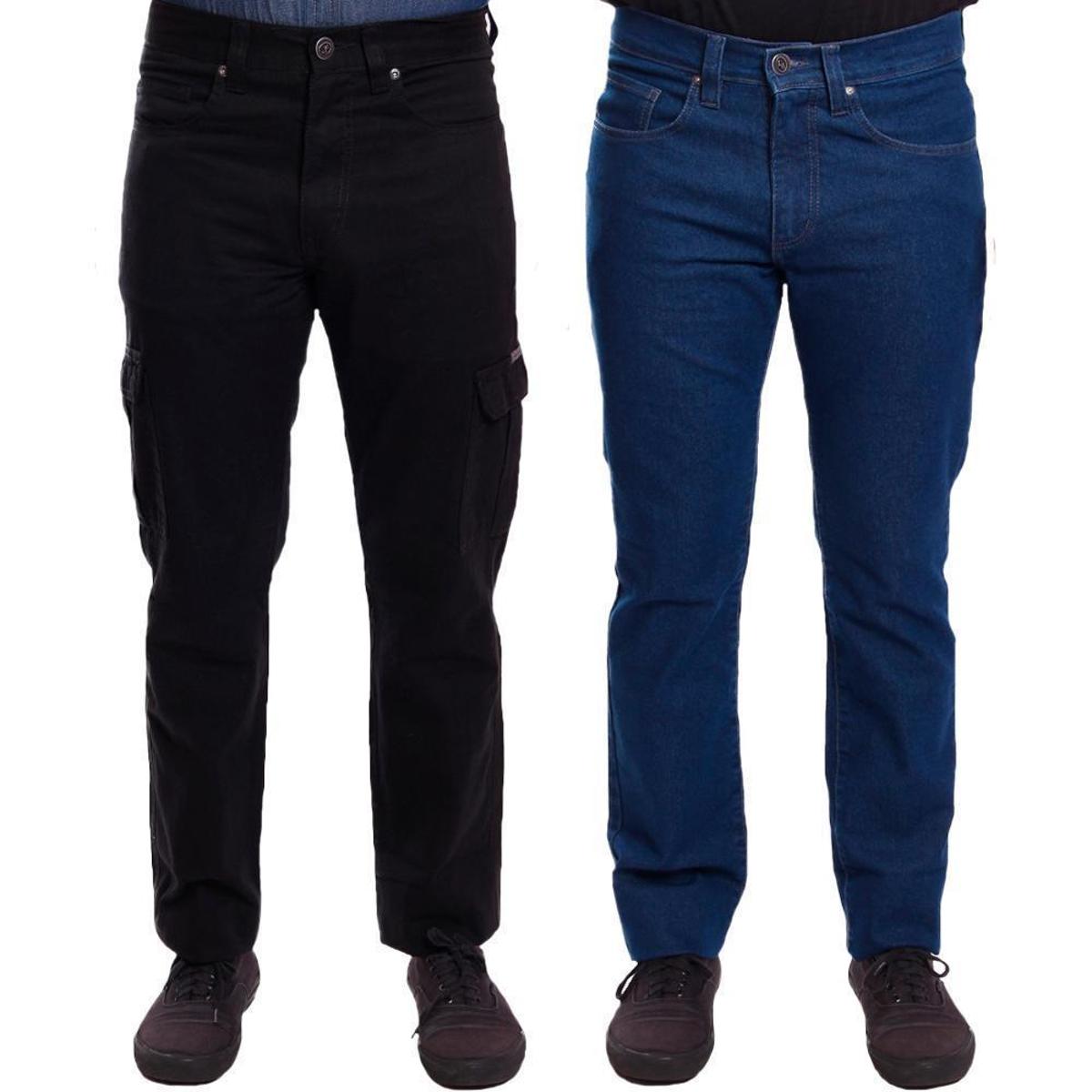 Kit 2 Calças Sarja e Jeans R7Jeans Masculina Modelo Tradicional e Cargo Cintura Alta 100% Algodão