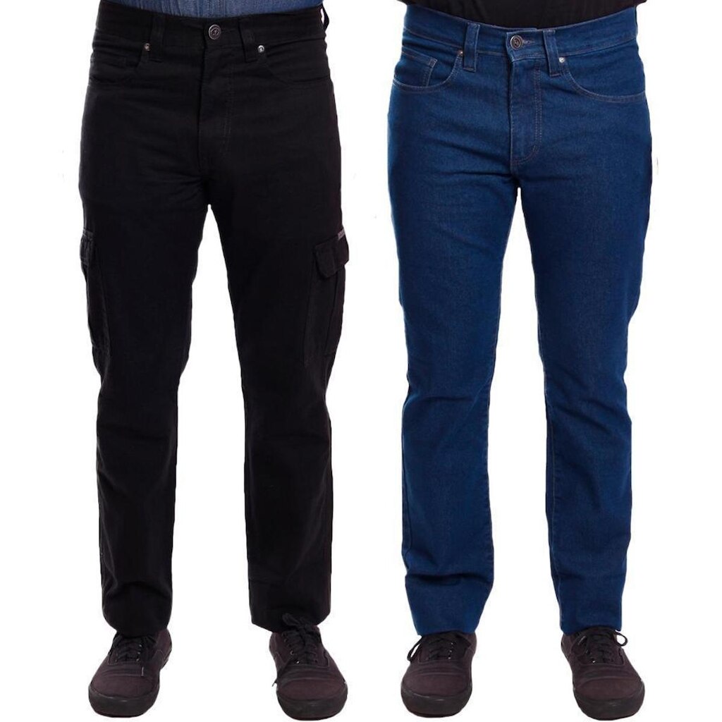 Kit 2 Calças Sarja e Jeans R7Jeans Masculina Modelo Tradicional e Cargo Cintura Alta 100% Algodão