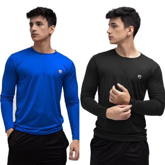 Kit 2 Camisa Térmica Uv50+ Masculina Segunda Pele Proteção Solar - Azul+Preto Menor preço em Kit 2 Camisa Térmica Uv50+ Masculina Segunda Pele Proteção Solar - Azul+Preto