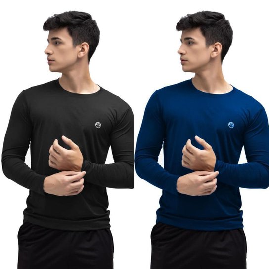 Kit 2 Camisa Térmica Uv50+ Masculina Segunda Pele Proteção Solar - Preto+Azul Menor preço em Kit 2 Camisa Térmica Uv50+ Masculina Segunda Pele Proteção Solar - Preto+Azul