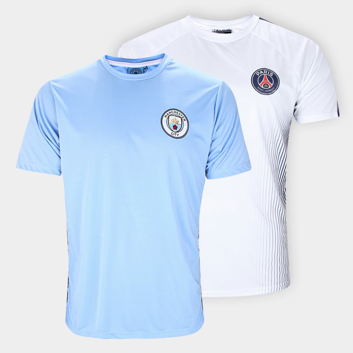 Kit 2 Camisas Manchester City + Paris Sain-Germain Masculina Menor preço em Kit 2 Camisas Manchester City + Paris Sain-Germain Masculina