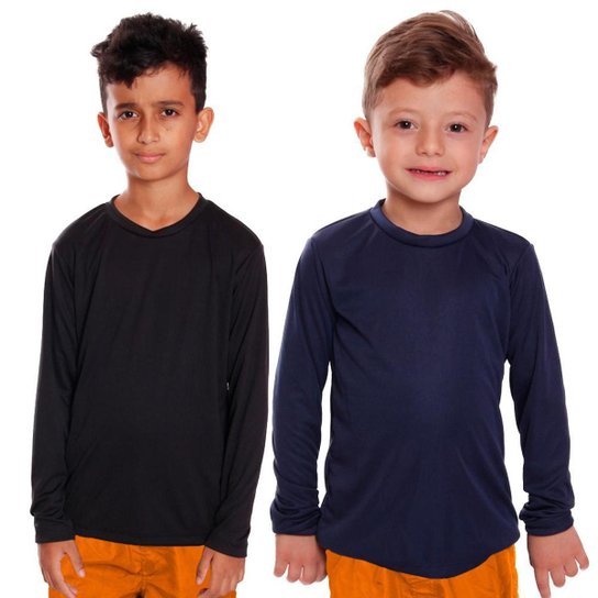 Kit 2 Camiseta Infantil Menino Proteção UV Térmica Solar Manga Longa Camisa Esporte Camisetas - Preto+Azul Menor preço em Kit 2 Camiseta Infantil Menino Proteção UV Térmica Solar Manga Longa Camisa Esporte Camisetas - Preto+Azul