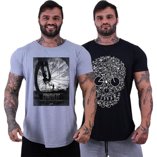Kit 2 Camiseta Longline Masculina MXD Conceito Básico Sport Fitness Silk Screen - Preto+Branco Menor preço em Kit 2 Camiseta Longline Masculina MXD Conceito Básico Sport Fitness Silk Screen - Preto+Branco