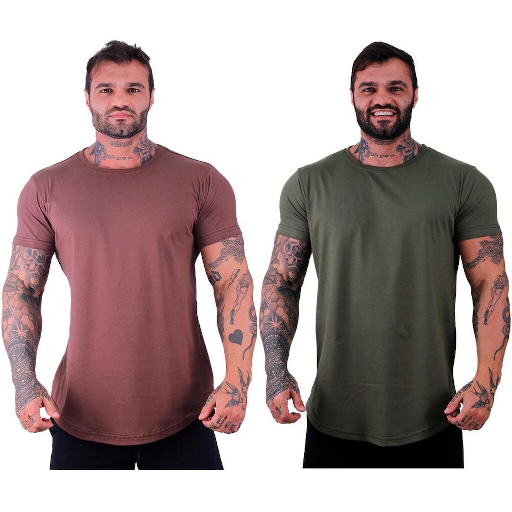 Kit 2 Camiseta Longline MXD Conceito Slim Coloridas Básicas e Mescladas Sem Estampa Lisas