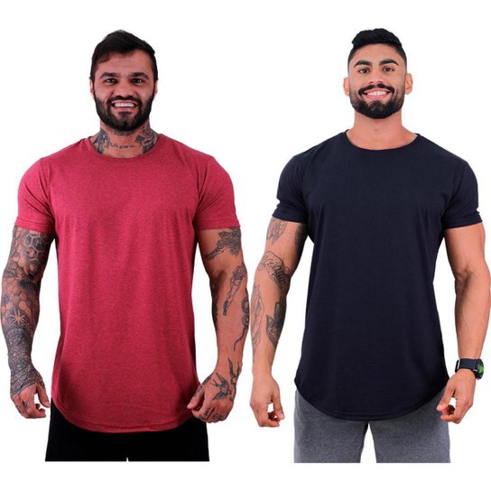 Kit 2 Camiseta Longline MXD Conceito Slim Cores Básicas e Mescladas Lisas - Vermelho+Preto Menor preço em Kit 2 Camiseta Longline MXD Conceito Slim Cores Básicas e Mescladas Lisas - Vermelho+Preto