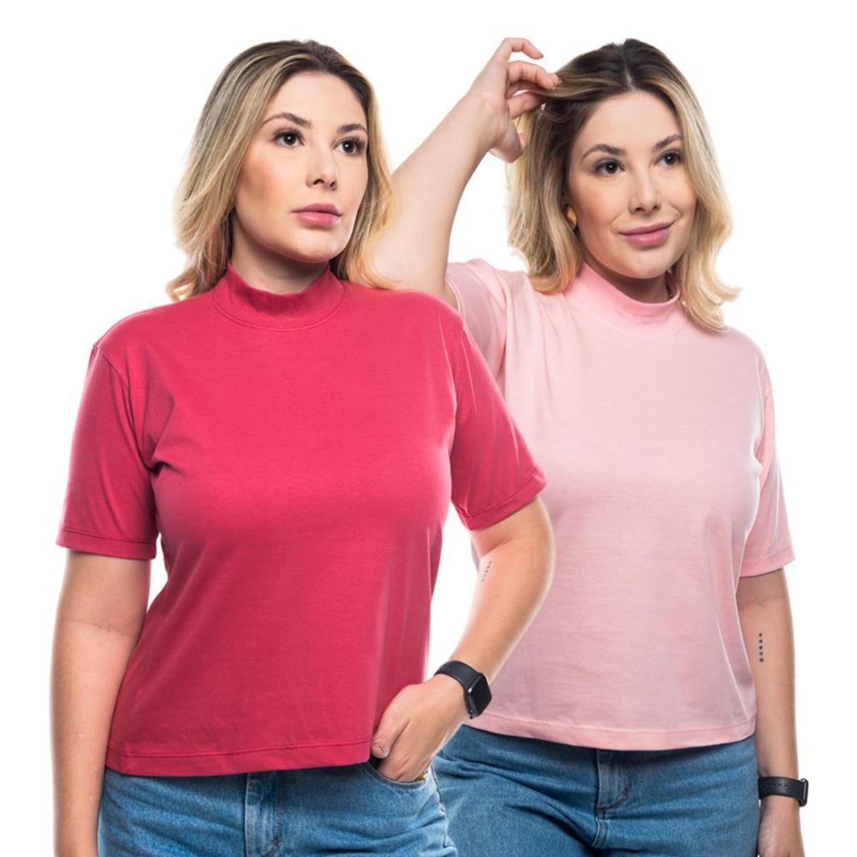 Kit 2 Camisetas Feminina Gola Alta Manga Curta Basica Lisa