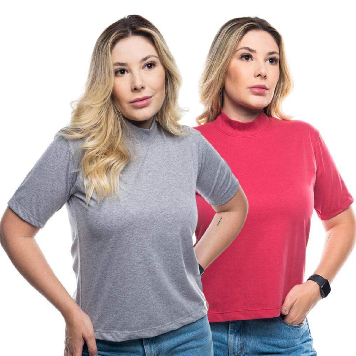 Kit 2 Camisetas Feminina Gola Alta Manga Curta Basica Lisa