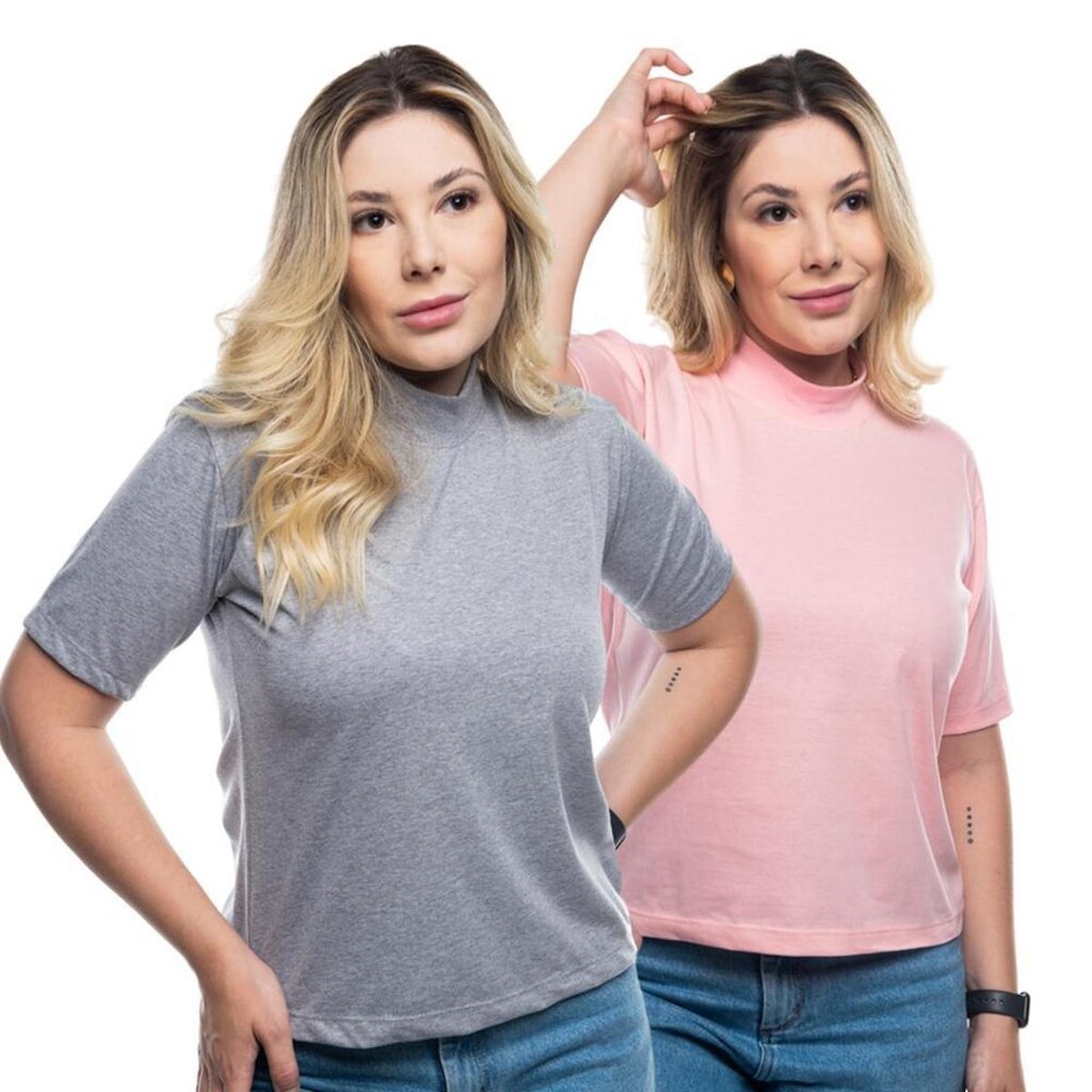 Kit 2 Camisetas Feminina Gola Alta Manga Curta Basica Lisa