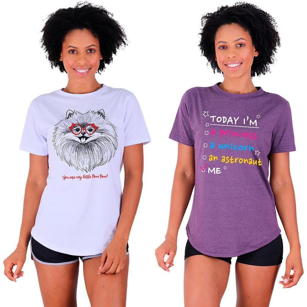 Kit 2 Camisetas Longline Feminina MXD Conceito Slim Diversas Estampas