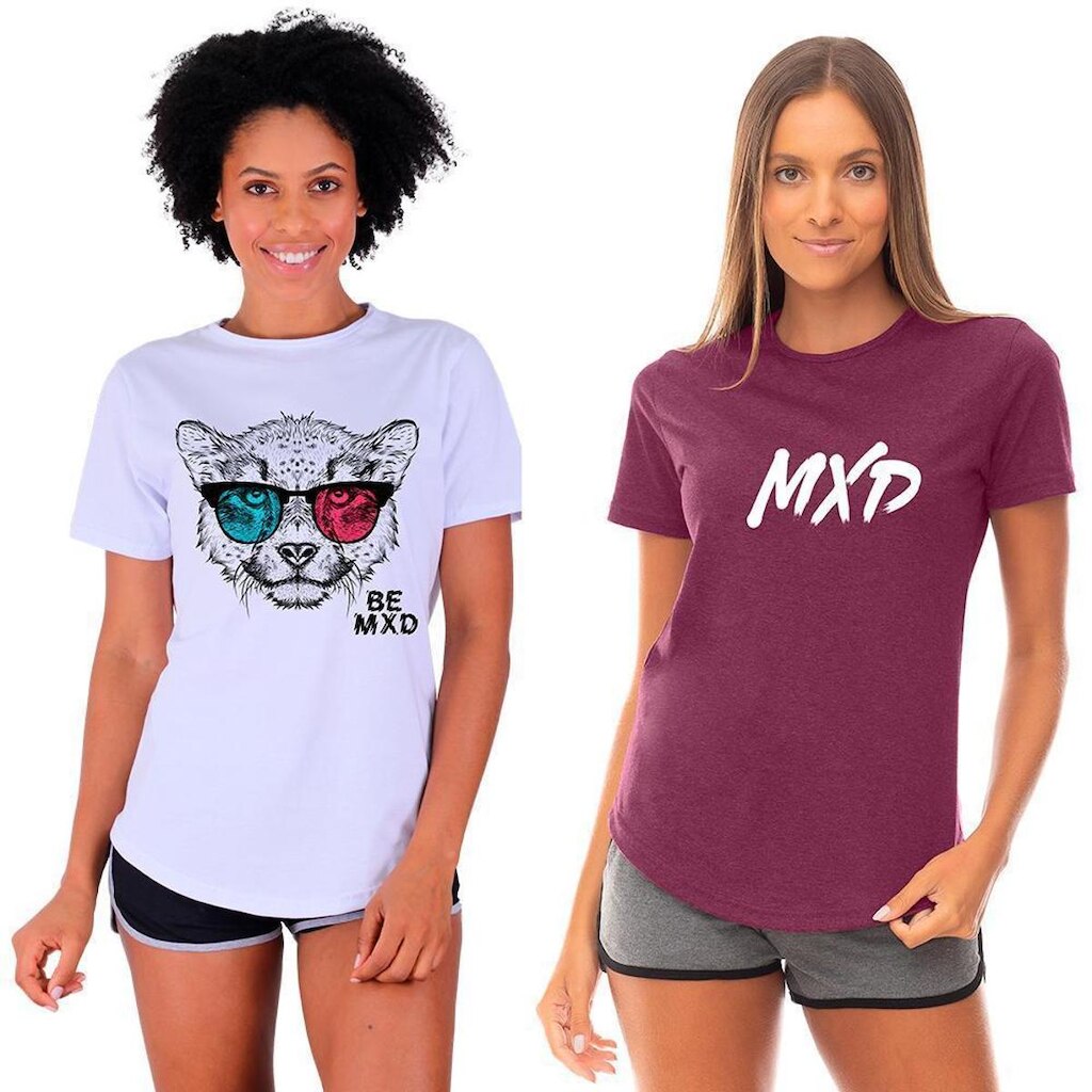 Kit 2 Camisetas Longline Feminina MXD Conceito Slim Diversas Estampas