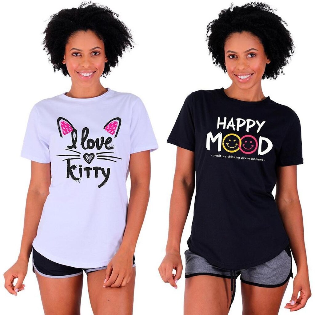 Kit 2 Camisetas Longline Feminina MXD Conceito Slim Diversas Estampas
