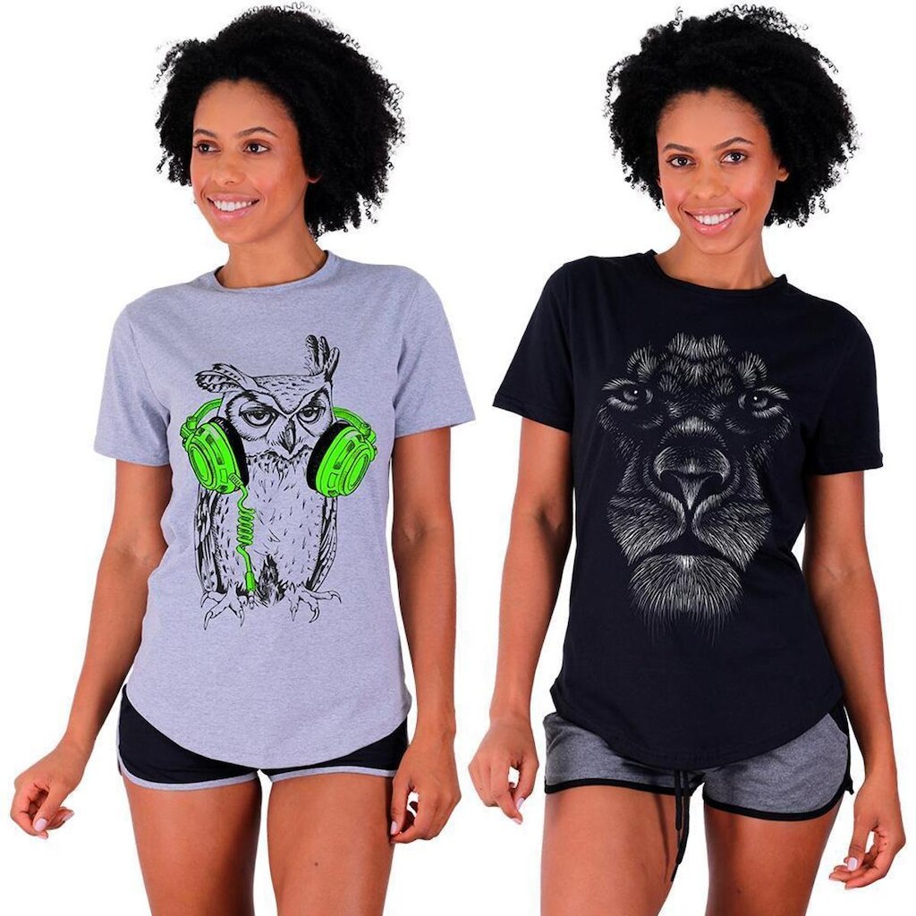 Kit 2 Camisetas Longline Feminina MXD Conceito Slim Diversas Estampas