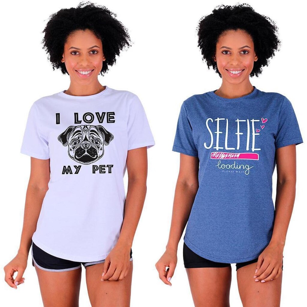 Kit 2 Camisetas Longline Feminina MXD Conceito Slim Diversas Estampas