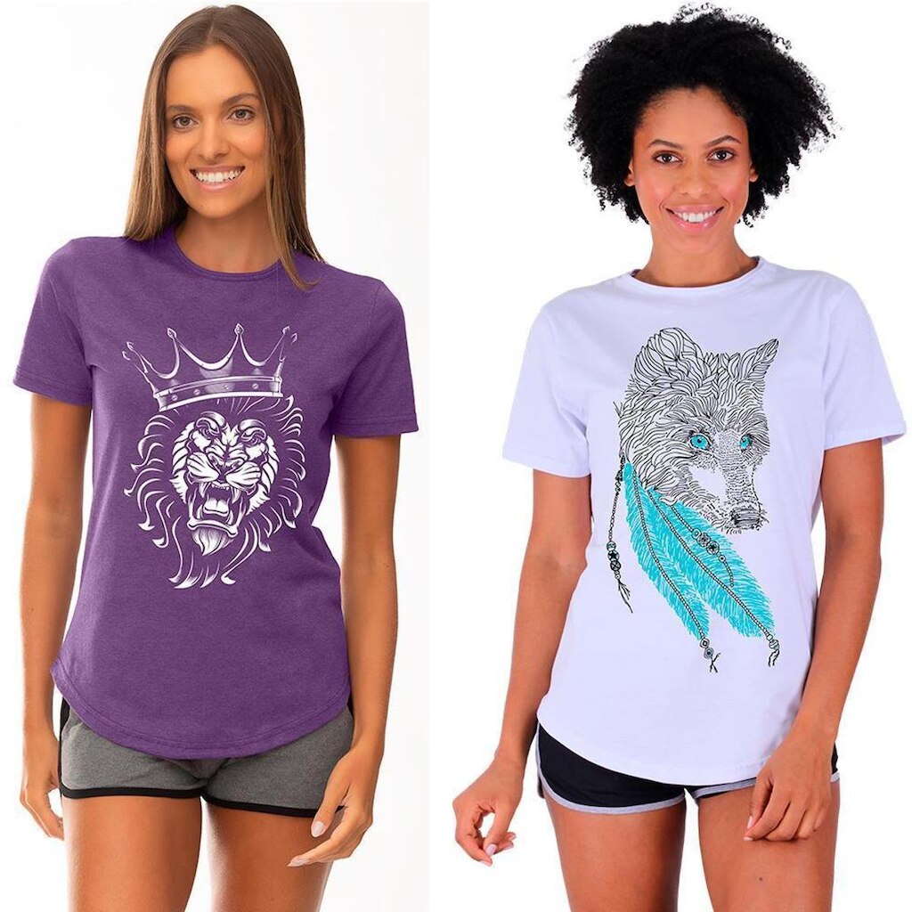Kit 2 Camisetas Longline Feminina MXD Conceito Slim Diversas Estampas
